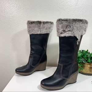 Timberland Leather Tall Wedge Boots Fur Lined Trim